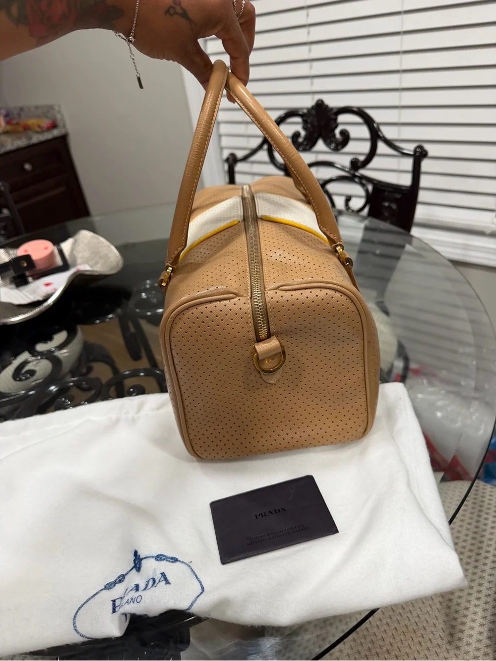 Prada Beige and White Perforated Leather Satchel with Yellow Trim